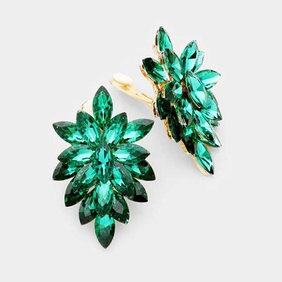 Oval Emerald Green Crystal Cluster Clip on Gold Earrings - Picture 3 of 5